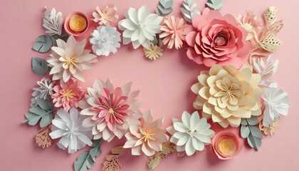 frame of paper flowers on pastel pink background flat lay top view