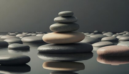 zen background with stacked stone pebbles in water with dark muted colors