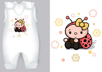 White Baby Rompers with a Cartoon Motif of a Ladybug - Colored Illustration with Adorable Print Isolated on White Background, Vector