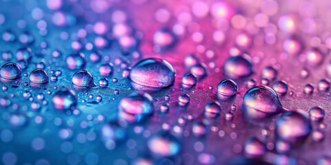 The background features a blend of blue, pink, and purple colors, with water droplets scattered throughout