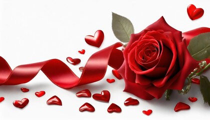 Fototapeta na wymiar valentine s day banner design elements isolated on white background red silk ribbon red rose flower and pairs of red hearts with natural transparent shadow on transparent background clipping path