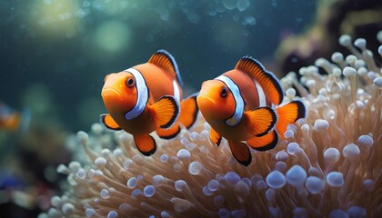 Fototapeta na wymiar two orange clownfish swimming in aquarium underwater diving and vivid tropical fish hidding in bubble tip anemone real sea life