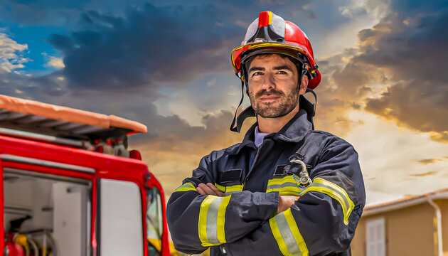 BOMBEEIRO: CORPO DE BOMBEIROS  PRONTO PARA FAZER UM ATENDIMENTO EM UM CONCEITO DO DIA DO TRABALHADOR