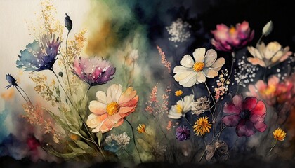 Obraz na płótnie Canvas watercolor border with multicolor wildflowers summer illustration