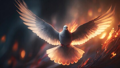 flying dove of peace with fire - obrazy, fototapety, plakaty