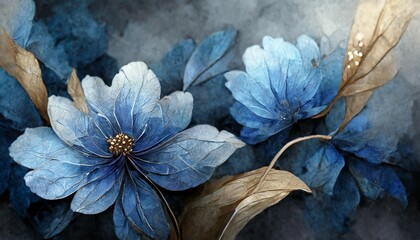 art background with blue flowers on a watercolor banner