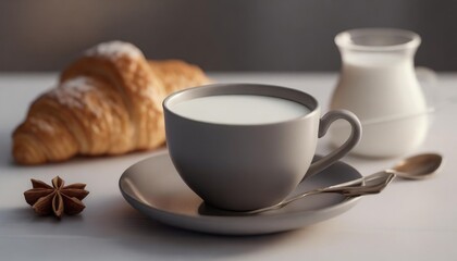 cup of milk with croissant isolated on white background