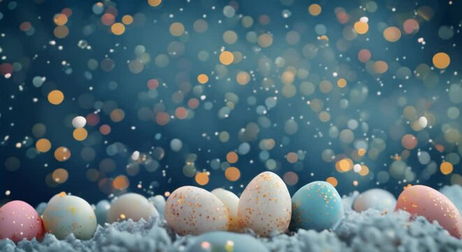 Pastel Easter eggs scattered across a starry night sky