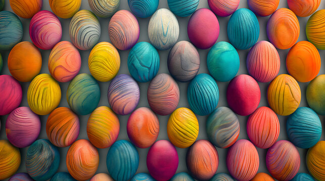 Lots of colorful vibrant textured Easter eggs are laid full of the entire area of image on a gray background.