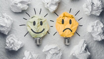 unhappy face on crumpled paper and happy on smooth with a tangle of thoughts and brighten lightbulb on white speech bubble for creative solution problem solving concept - obrazy, fototapety, plakaty