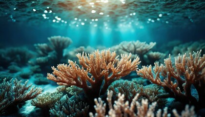 Naklejka na ściany i meble beautiful scenery of underwater coral reefs shining in the sunlight from the sky the concept of ecology