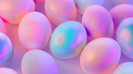 Lots of colorful vivid holographic neon Easter eggs are laid full of the entire area of image on a gradient pastel background. Purple color tone. - obrazy, fototapety, plakaty