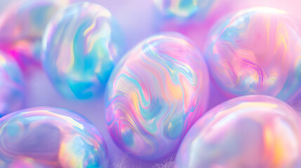 Lots of colorful vivid holographic neon Easter eggs are laid full of the entire area of image on a gradient pastel background. Purple color tone. - obrazy, fototapety, plakaty