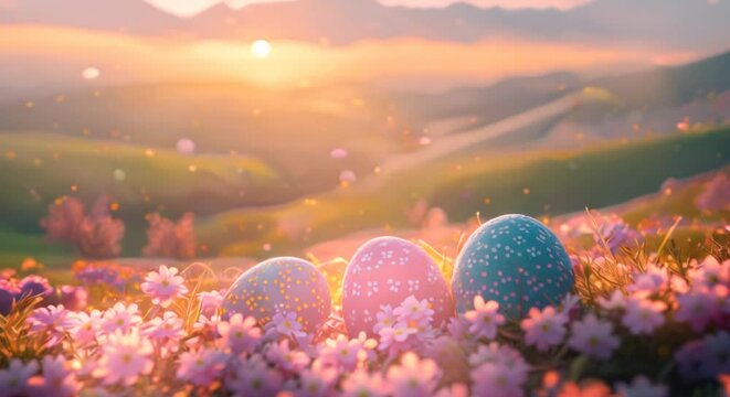 Pastel sunrise over rolling hills with Easter decorations
