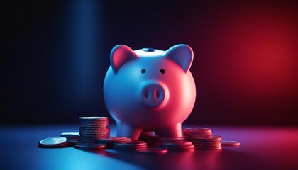 piggy bank with coin on a dark background red blue backlight banking concept bright neon lights