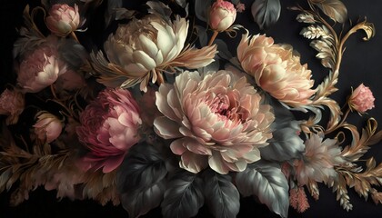 vintage bouquet of beautiful flowers on black floral background baroque old fashiones style natural pattern wallpaper or greeting card