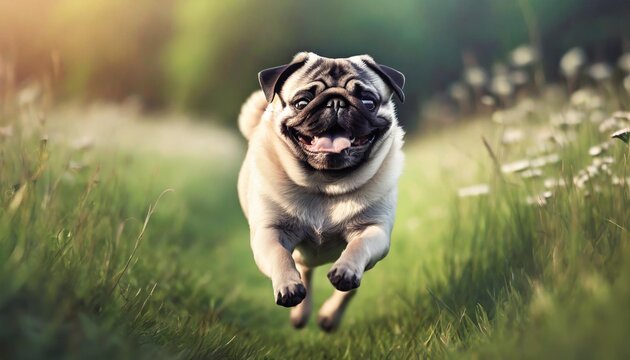 happy pug dog running on a green meadow on a summer day