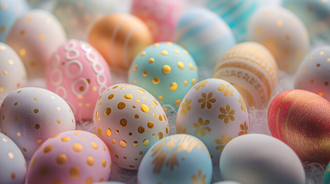 Lots of colorful pastel Easter eggs with cute gold patterns are laid full of the entire area of image on a pastel background.