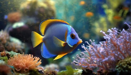 Naklejka na ściany i meble paracanthurus hepatus surgeon fish wonderful and beautiful tropical fish with corals reef in the aquarium nature forest design tank with fresh water underwater world animal life