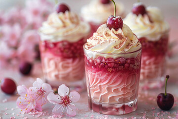 Appetizing homemade cherry dessert in glasses with whipped cream, copy space