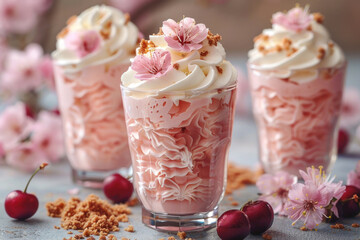 Appetizing homemade cherry dessert in glasses with whipped cream, copy space
