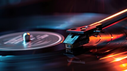 Close-up of a vinyl record player needle on a spinning record, depicting the classic audio experience with a modern twist in high fidelity - AI generated.