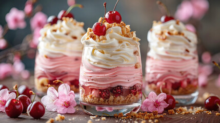 Appetizing homemade cherry dessert in glasses with whipped cream, copy space