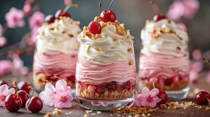 Rollo Appetizing homemade cherry dessert in glasses with whipped cream, copy space © Irina Beloglazova