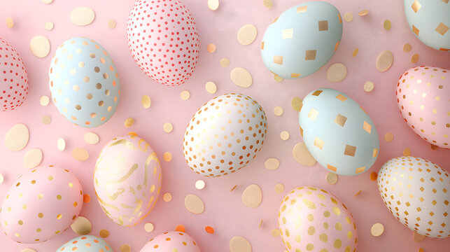 Lots of colorful pastel Easter eggs with cute gold patterns are laid full of the entire area of image on a pastel background. Pink color tone.