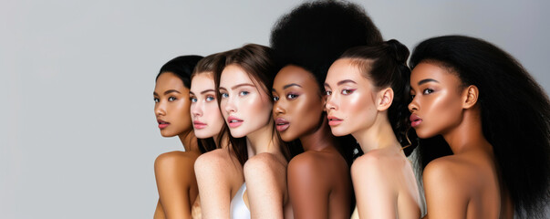 Diverse models in white, beauty focus