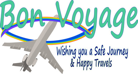 Bon voyage, wishing you a safe journey and happy travels quote, a rainbow circling and Airplane vector drawing on a clear background - obrazy, fototapety, plakaty