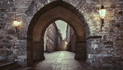 ancient old brick wall with arch entrance in a famous landmark in riga latvia - obrazy, fototapety, plakaty