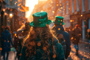 St. Patrick's Day parade marching down a bustling city street in sunny day, with colorful floats, marching bands, and spectators wearing shamrock hats - obrazy, fototapety, plakaty