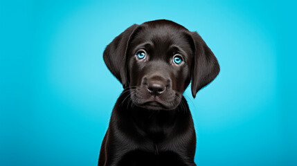 Black Labrador puppy with blue eyes, close-up muzzle. Labrador on a blue background. Domestic dog. Animals are human best friend