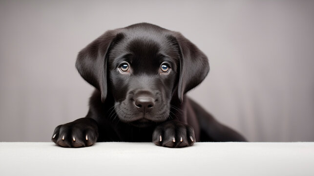 Labrador puppy, cute muzzle close-up. Labrador on a gray background. Domestic dog. Animals are human best friend