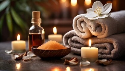 Obraz na płótnie Canvas aromatherapy atmosphere of relax serenity and pleasure concept of spa treatment in salon natural organic essential oil towel burning candles anti stress detox procedure wellness banner