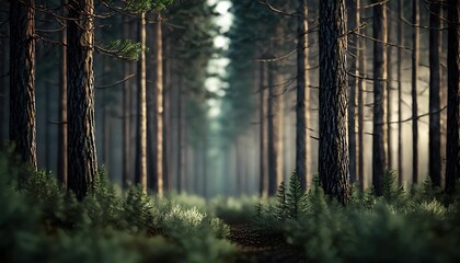 densely growing pine trees in the forest in summer - obrazy, fototapety, plakaty