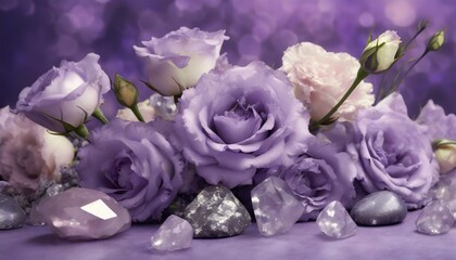 beautiful lilac eustoma flowers lisianthus in full bloom with natural stones amethyst and rose quartz flowers and semi precious stones on a purple background