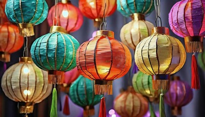 close up of colorful chinese paper lanterns for new year celebration