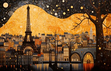 Views of Paris and the Eiffel Tower in style of Art Nouveau