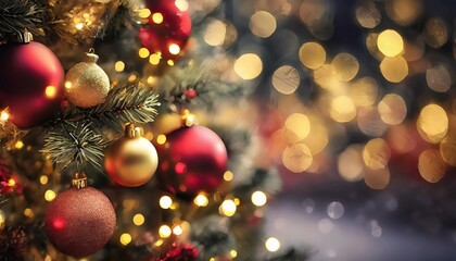 christmas tree with red gold ornaments and baubles on blurred bokeh lights background