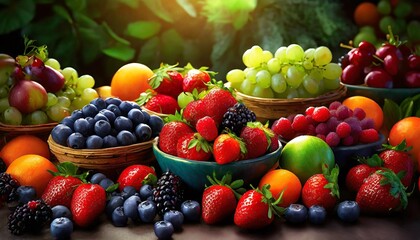 Naklejka na ściany i meble various fresh fruits and berries at farmers market