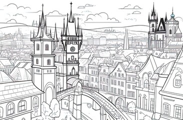Coloring for adult with Prague. Czech Republic. Coloring page in line style. European landscapes. Europe collection. illustration