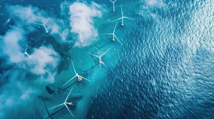 Sustainable energy generation with wind turbines towering over the ocean, a blue sky background accentuating clean power solutions - AI generated