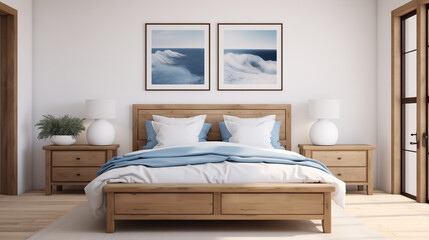 Fototapeta na wymiar Serene Bedroom Decor with Sky-themed Artwork and Natural Wood Furniture