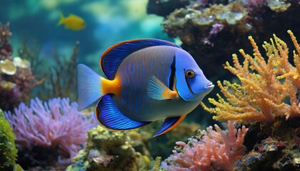 Naklejka na ściany i meble paracanthurus hepatus surgeon fish wonderful and beautiful tropical fish with corals reef in the aquarium nature forest design tank with fresh water underwater world animal life
