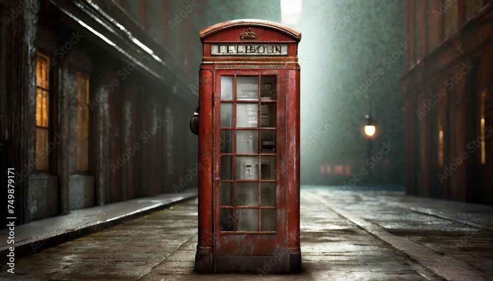 Wall mural street phone box old dirty and scratched telephone booth