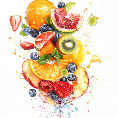 Energetic splash of summer fruits in watercolor, featuring apples, blueberries, and cherries with vivid colors.