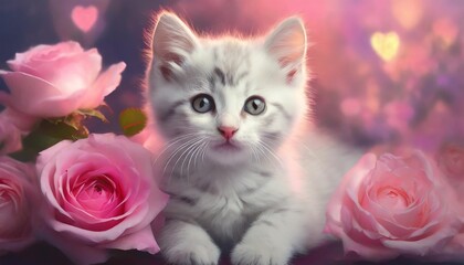 Fototapeta na wymiar beautiful white kitten cat with pink rose and pink background