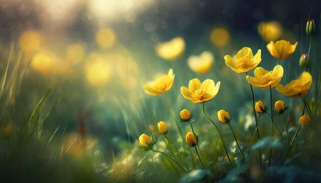 spring meadow with yellow flowers and green grass soft focus and selective focus on buttercup